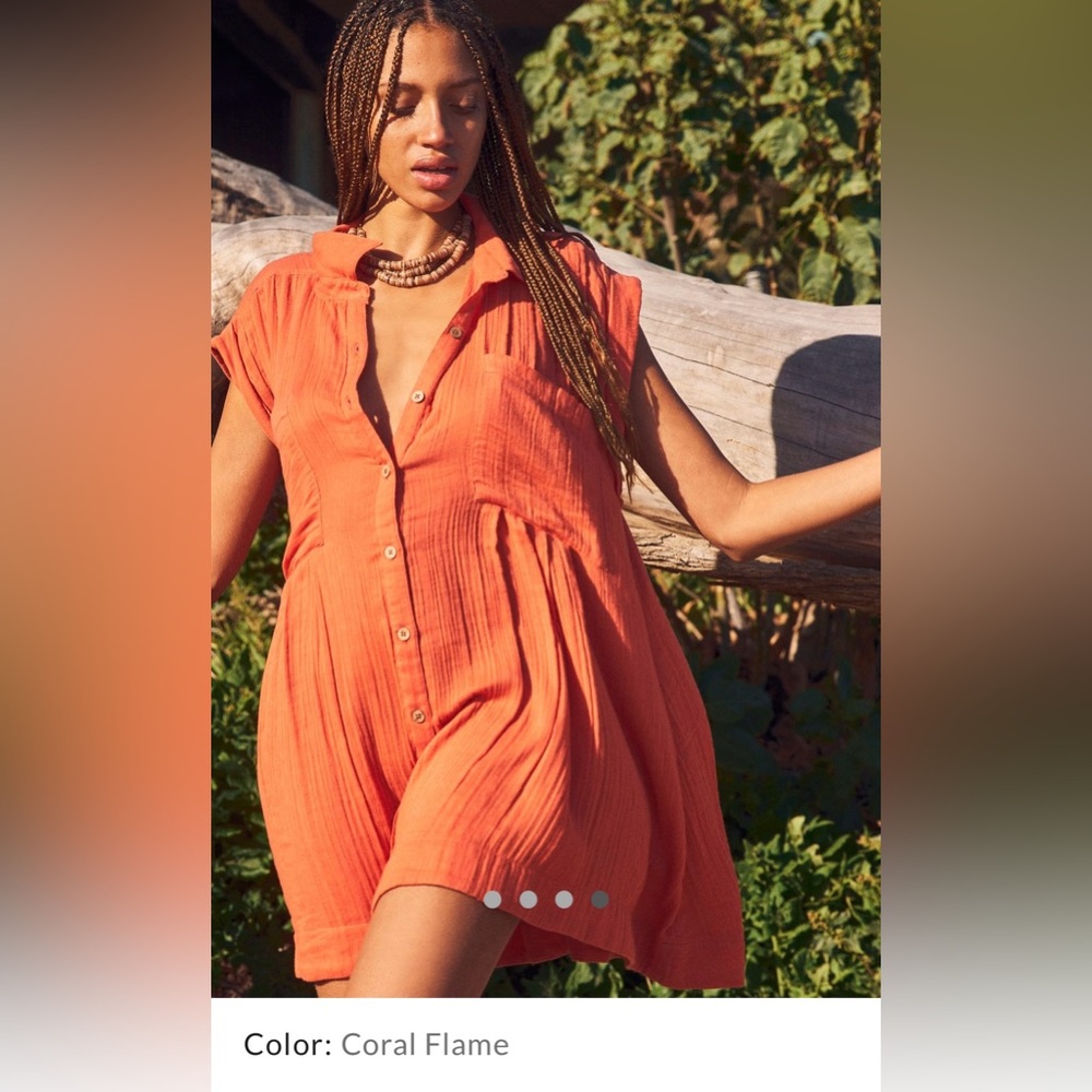 Free People Not So Basic Shirtdress Tunic, Coral Button-Up Dress, Size M